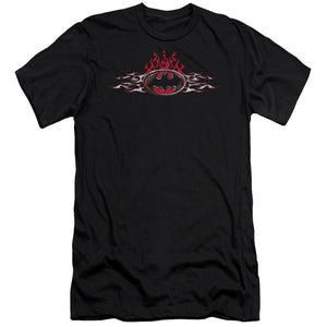 AN OFFCIALLY LICENSED BATMAN STEEL FLAMES LOGO MEN'S PREMIUM SLIM FIT T-SHIRT BLACK