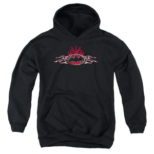 AN OFFCIALLY LICENSED BATMAN STEEL FLAMES LOGO YOUTH HOODIE BLACK