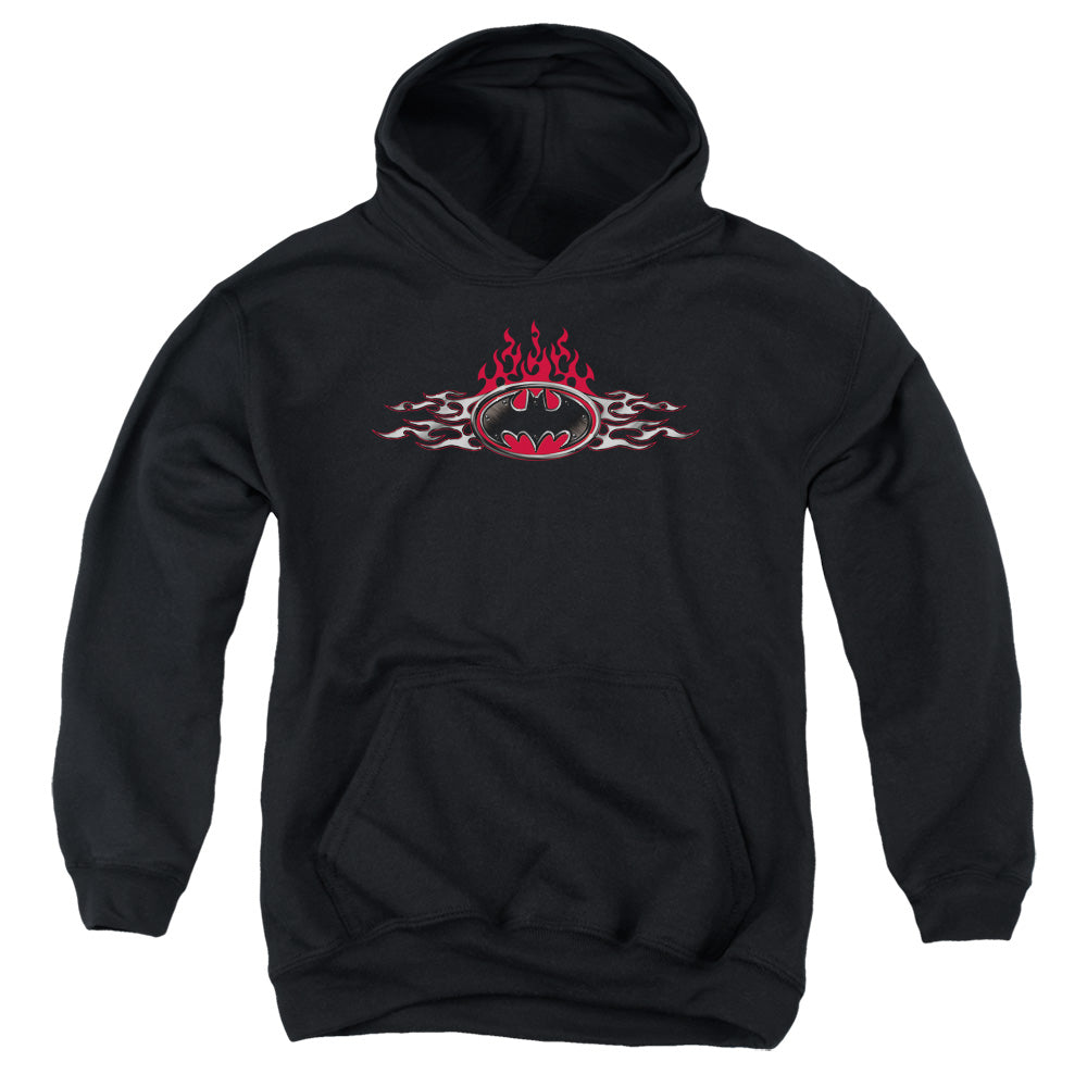 AN OFFCIALLY LICENSED BATMAN STEEL FLAMES LOGO YOUTH HOODIE BLACK