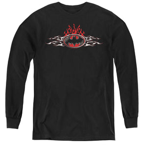 AN OFFCIALLY LICENSED BATMAN STEEL FLAMES LOGO YOUTH LONG SLEEVE T-SHIRT BLACK