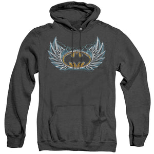 AN OFFCIALLY LICENSED BATMAN STEEL WINGS LOGO ADULT UNISEX HEATHER PULLOVER HOODIE BLACK