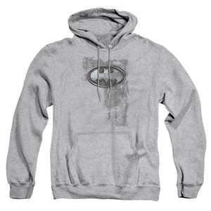 AN OFFCIALLY LICENSED BATMAN RIVITED METAL LOGO ADULT UNISEX PULLOVER HOODIE ATHLETIC HEATHER
