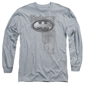 AN OFFCIALLY LICENSED BATMAN RIVITED METAL LOGO MEN'S LONG SLEEVE T-SHIRT ATHLETIC HEATHER