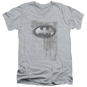 AN OFFCIALLY LICENSED BATMAN RIVITED METAL LOGO MEN'S V-NECK T-SHIRT ATHLETIC HEATHER