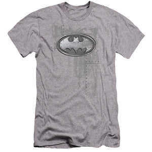 AN OFFCIALLY LICENSED BATMAN RIVITED METAL LOGO MEN'S PREMIUM SLIM FIT T-SHIRT ATHLETIC HEATHER