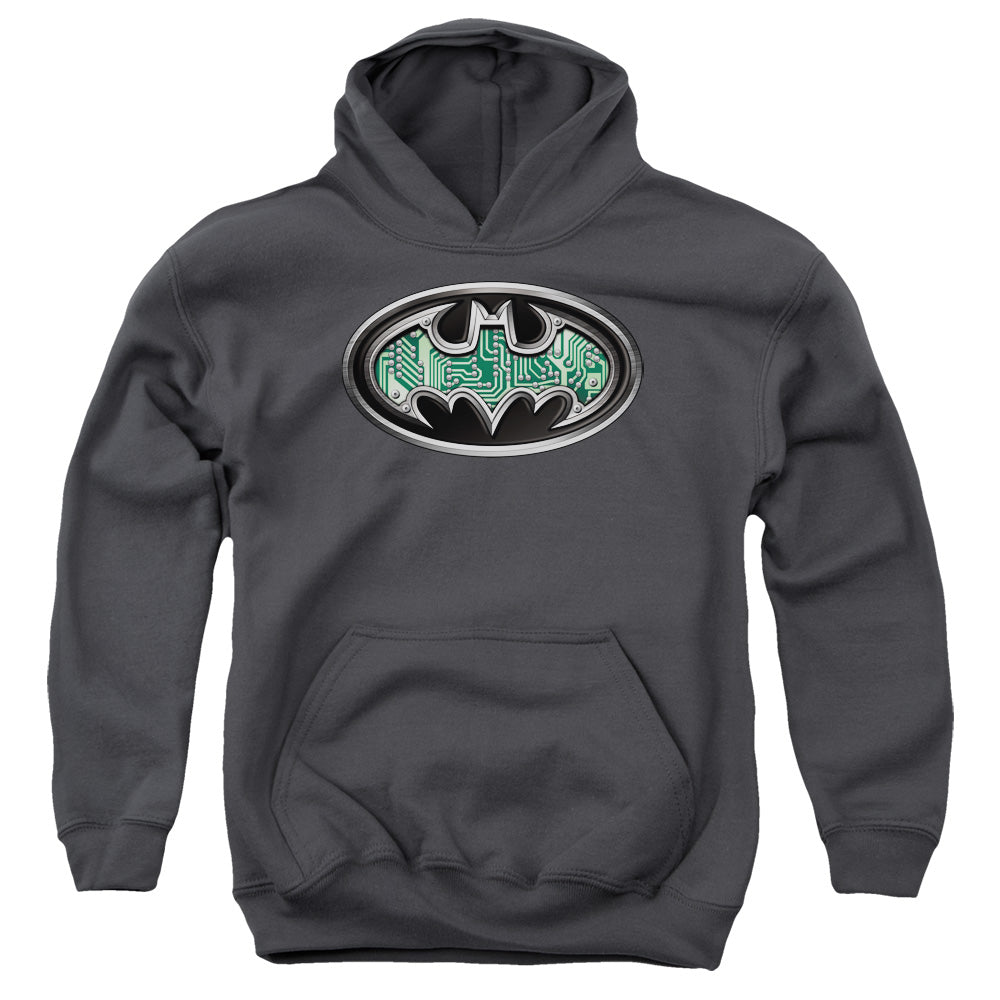 AN OFFCIALLY LICENSED BATMAN CIRCUITRY SHIELD YOUTH HOODIE CHARCOAL