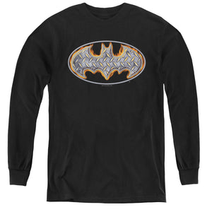 AN OFFCIALLY LICENSED BATMAN STEEL FIRE SHIELD YOUTH LONG SLEEVE T-SHIRT BLACK
