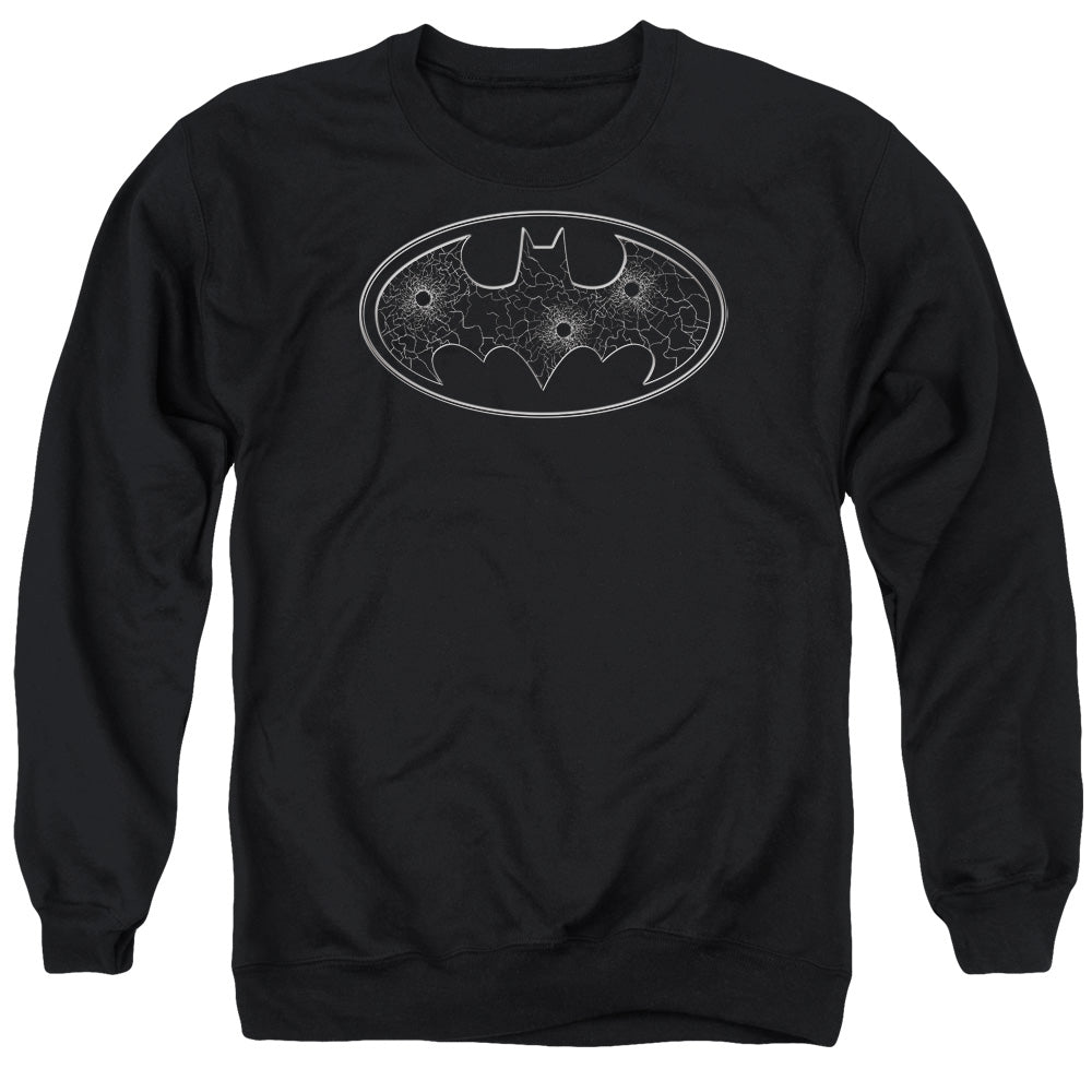 AN OFFCIALLY LICENSED BATMAN GLASS HOLE LOGO ADULT UNISEX CREWNECK SWEATSHIRT BLACK