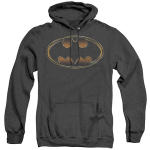 AN OFFCIALLY LICENSED BATMAN BLACK & GOLD EMBOSSED ADULT UNISEX HEATHER PULLOVER HOODIE BLACK