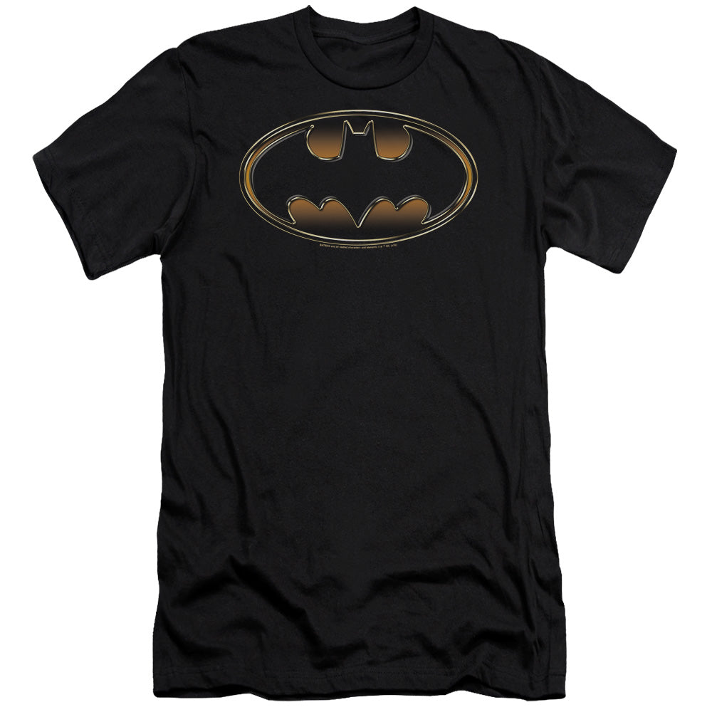 AN OFFCIALLY LICENSED BATMAN BLACK & GOLD EMBOSSED MEN'S PREMIUM SLIM FIT T-SHIRT BLACK