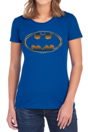 AN OFFCIALLY LICENSED BATMAN BLACK & GOLD EMBOSSED WOMEN'S REGULAR FIT T-SHIRT BLACK