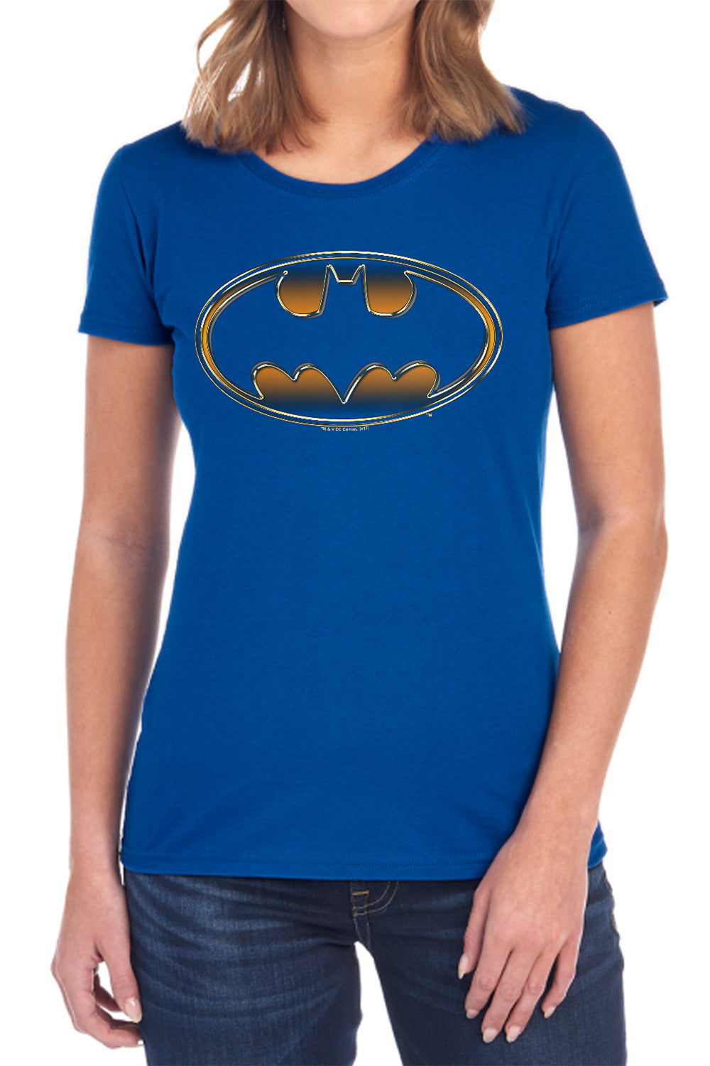 AN OFFCIALLY LICENSED BATMAN BLACK & GOLD EMBOSSED WOMEN'S REGULAR FIT T-SHIRT BLACK