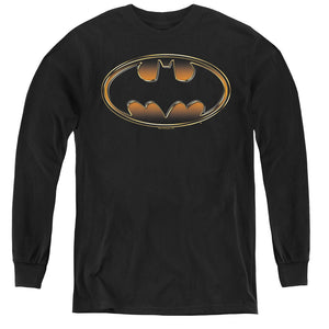 AN OFFCIALLY LICENSED BATMAN BLACK & GOLD EMBOSSED YOUTH LONG SLEEVE T-SHIRT BLACK
