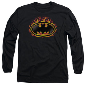 AN OFFCIALLY LICENSED BATMAN BAT FLAMES SHIELD MEN'S LONG SLEEVE T-SHIRT BLACK