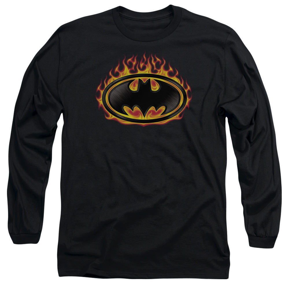 AN OFFCIALLY LICENSED BATMAN BAT FLAMES SHIELD MEN'S LONG SLEEVE T-SHIRT BLACK