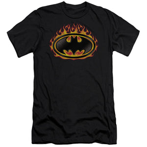 AN OFFCIALLY LICENSED BATMAN BAT FLAMES SHIELD MEN'S PREMIUM SLIM FIT T-SHIRT BLACK