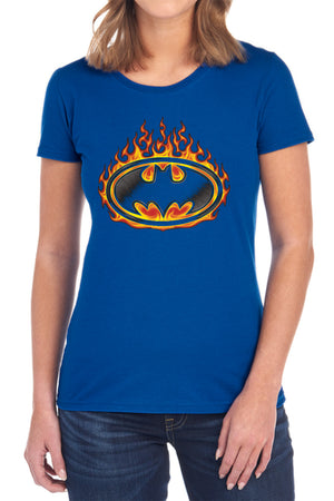 AN OFFCIALLY LICENSED BATMAN BAT FLAMES SHIELD WOMEN'S REGULAR FIT T-SHIRT BLACK