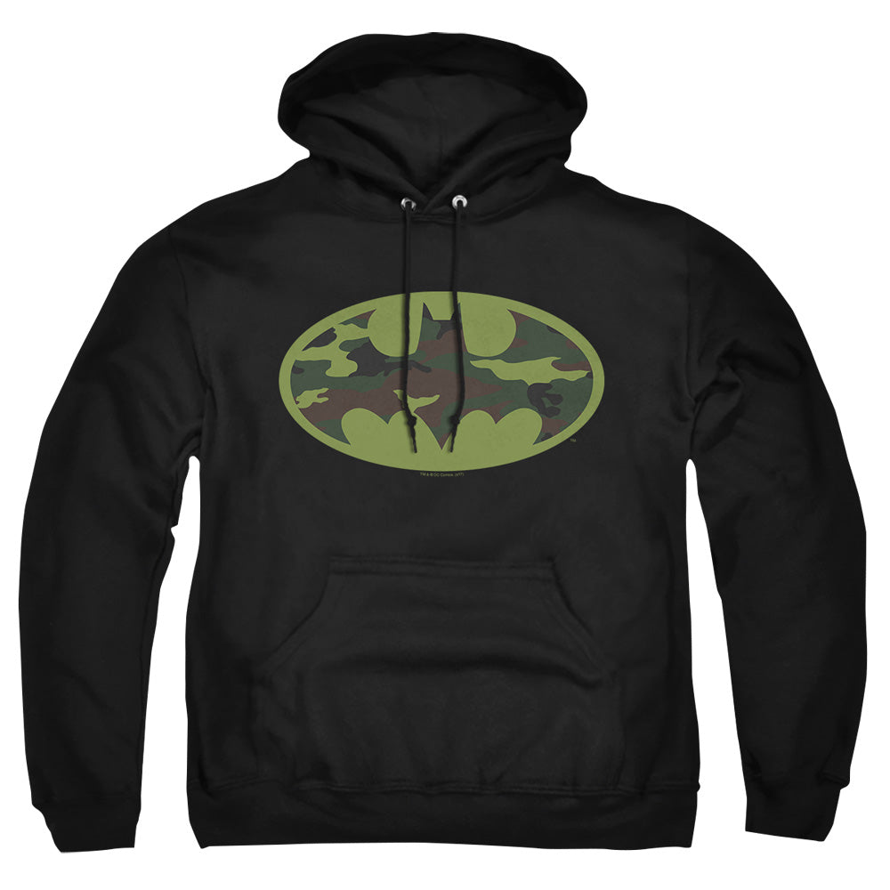 AN OFFCIALLY LICENSED BATMAN CAMO LOGO ADULT UNISEX PULLOVER HOODIE BLACK