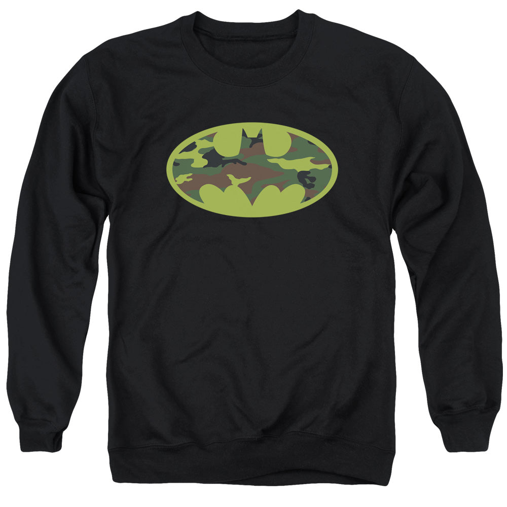AN OFFCIALLY LICENSED BATMAN CAMO LOGO ADULT UNISEX CREWNECK SWEATSHIRT BLACK
