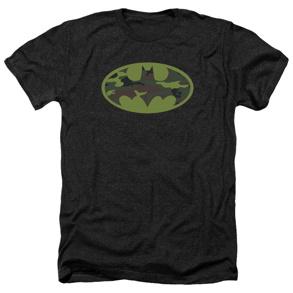 AN OFFCIALLY LICENSED BATMAN CAMO LOGO MEN'S HEATHER T-SHIRT CHARCOAL