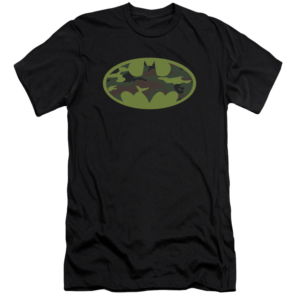 AN OFFCIALLY LICENSED BATMAN CAMO LOGO MEN'S PREMIUM SLIM FIT T-SHIRT BLACK