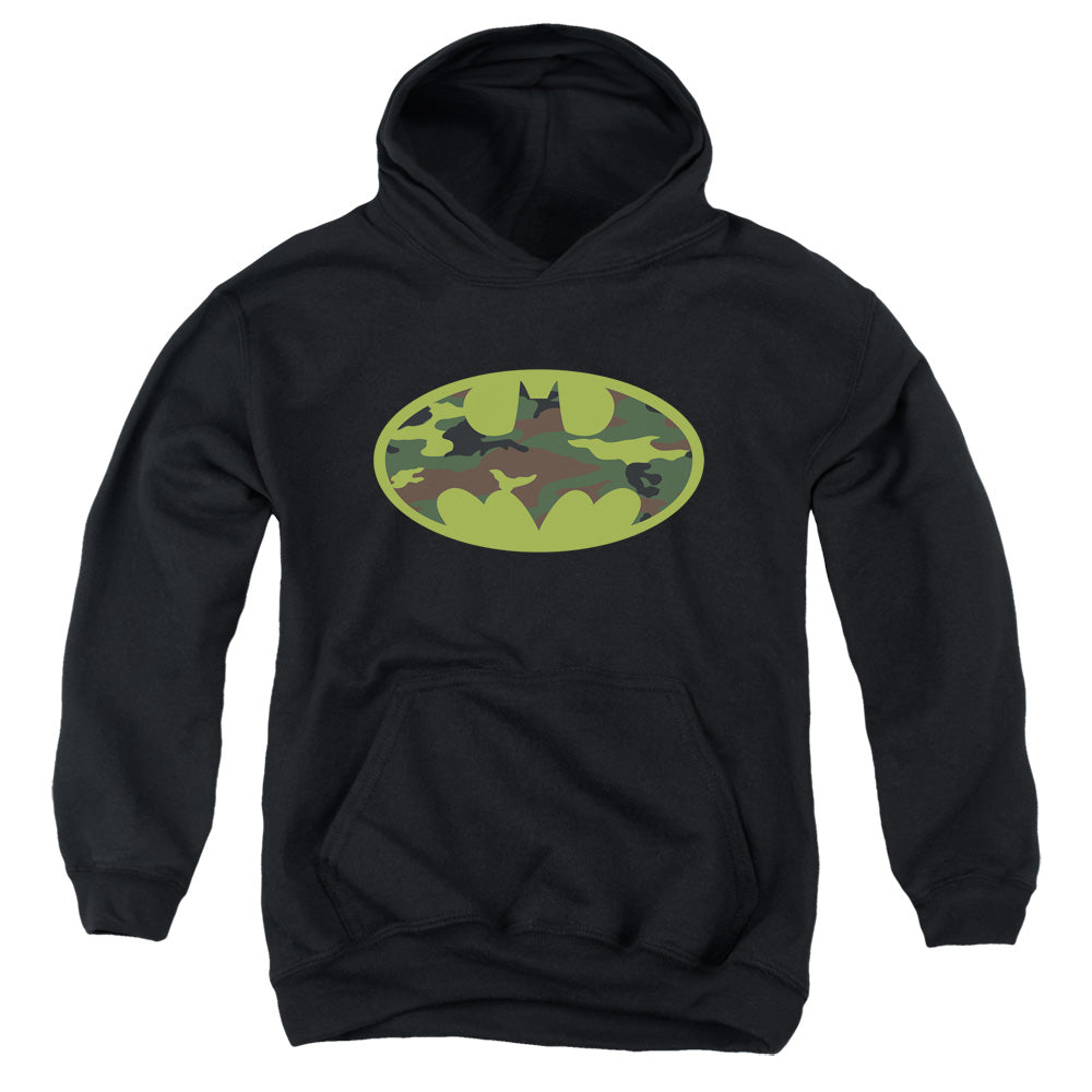 AN OFFCIALLY LICENSED BATMAN CAMO LOGO YOUTH HOODIE BLACK