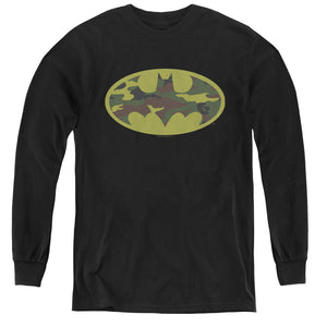 AN OFFCIALLY LICENSED BATMAN CAMO LOGO YOUTH LONG SLEEVE T-SHIRT BLACK