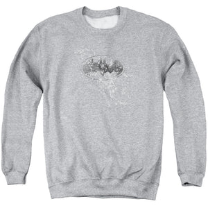 AN OFFCIALLY LICENSED BATMAN BURNED & SPLATTERED ADULT UNISEX CREWNECK SWEATSHIRT ATHLETIC HEATHER