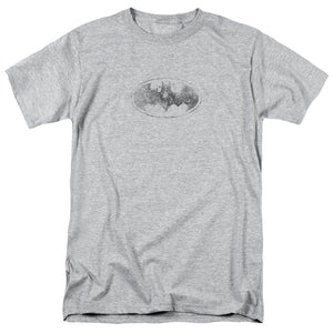 AN OFFCIALLY LICENSED BATMAN BURNED & SPLATTERED MEN'S REGULAR FIT T-SHIRT ATHLETIC HEATHER