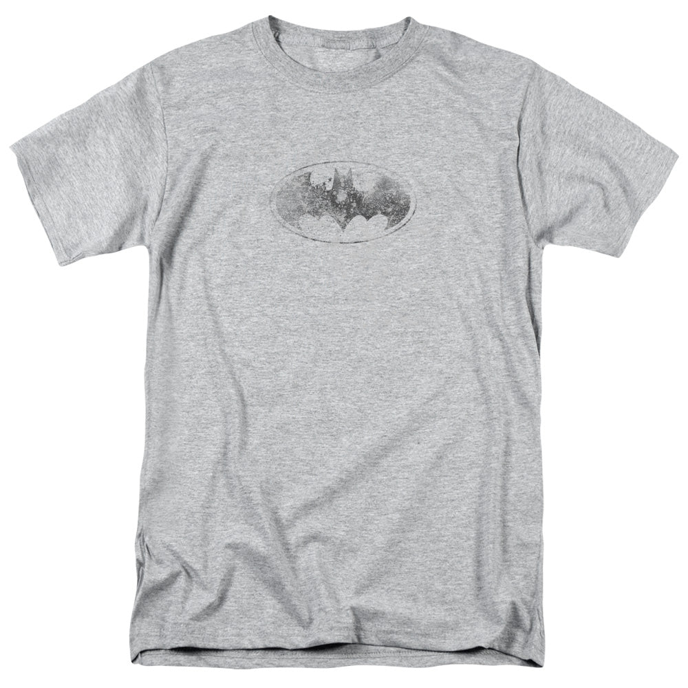 AN OFFCIALLY LICENSED BATMAN BURNED & SPLATTERED MEN'S REGULAR FIT T-SHIRT ATHLETIC HEATHER