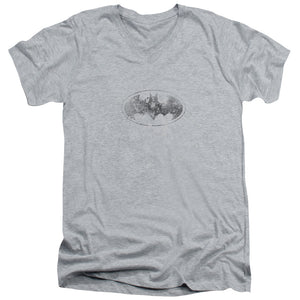 AN OFFCIALLY LICENSED BATMAN BURNED & SPLATTERED MEN'S V-NECK T-SHIRT ATHLETIC HEATHER