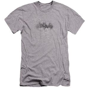 AN OFFCIALLY LICENSED BATMAN BURNED & SPLATTERED MEN'S PREMIUM SLIM FIT T-SHIRT ATHLETIC HEATHER