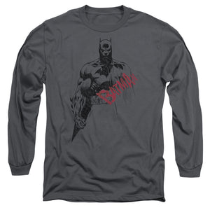 AN OFFCIALLY LICENSED BATMAN SKETCH BAT RED LOGO MEN'S LONG SLEEVE T-SHIRT CHARCOAL