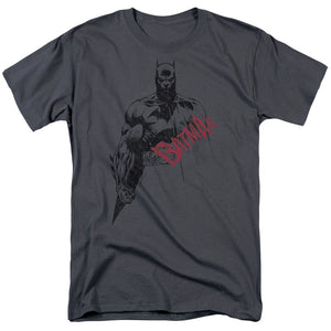AN OFFCIALLY LICENSED BATMAN SKETCH BAT RED LOGO MEN'S REGULAR FIT T-SHIRT CHARCOAL