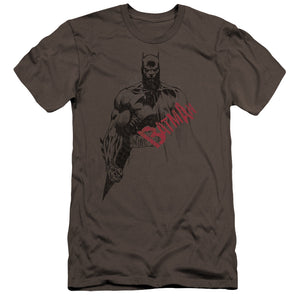 AN OFFCIALLY LICENSED BATMAN SKETCH BAT RED LOGO MEN'S PREMIUM SLIM FIT T-SHIRT CHARCOAL