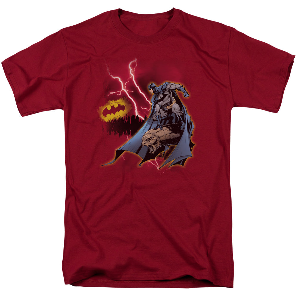 AN OFFCIALLY LICENSED BATMAN LIGHTNING STRIKES MEN'S REGULAR FIT T-SHIRT CARDINAL