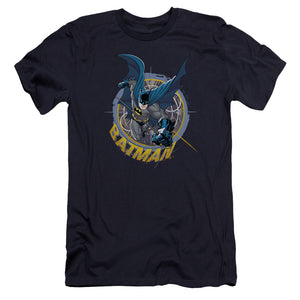 AN OFFCIALLY LICENSED BATMAN IN THE CROSSHAIRS MEN'S PREMIUM SLIM FIT T-SHIRT NAVY