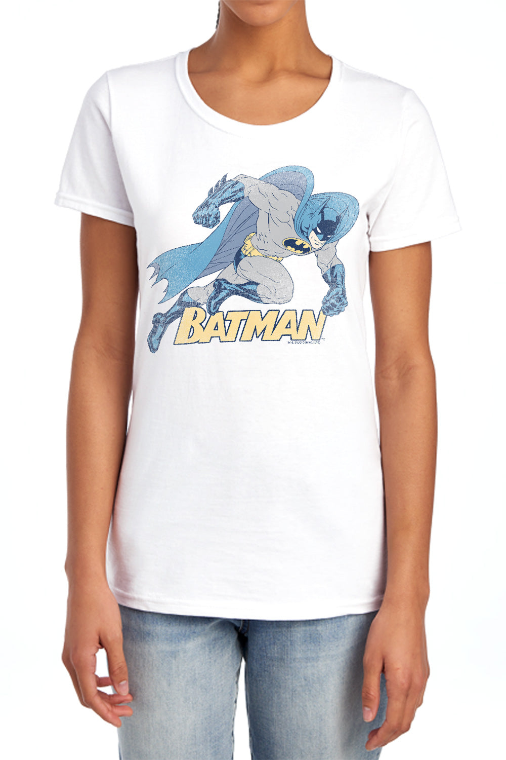 AN OFFCIALLY LICENSED BATMAN RUNNING RETRO WOMEN'S REGULAR FIT T-SHIRT LIGHT BLUE