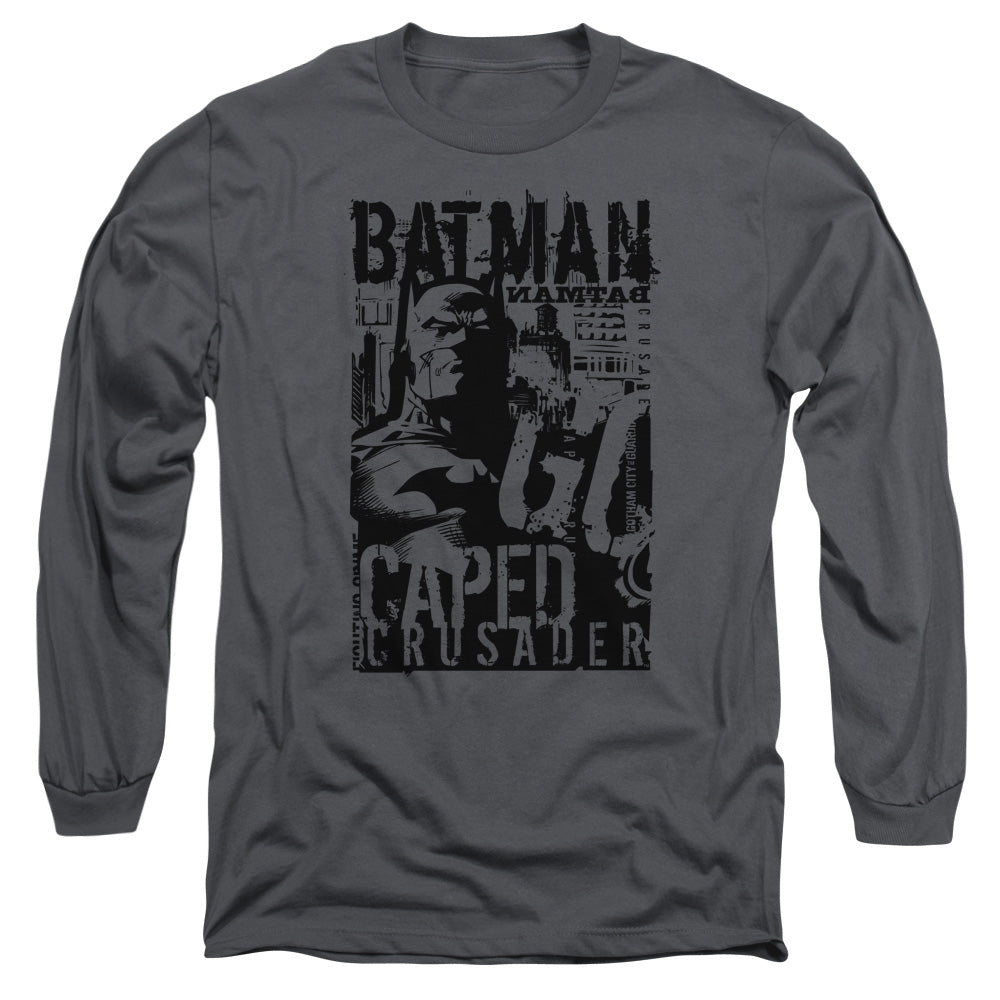 AN OFFCIALLY LICENSED BATMAN CAPED CRUSADER MEN'S LONG SLEEVE T-SHIRT CHARCOAL