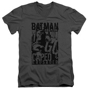 AN OFFCIALLY LICENSED BATMAN CAPED CRUSADER MEN'S V-NECK T-SHIRT CHARCOAL