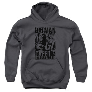 AN OFFCIALLY LICENSED BATMAN CAPED CRUSADER YOUTH HOODIE CHARCOAL