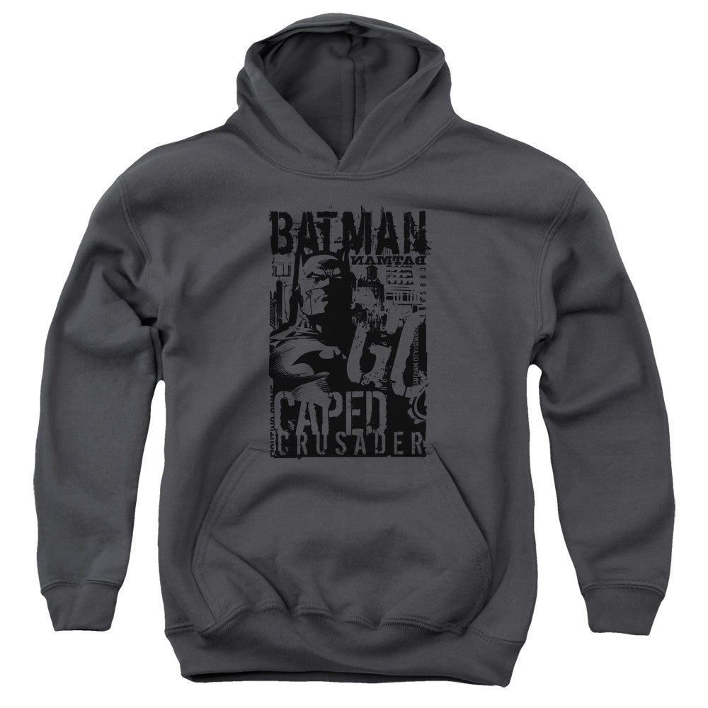 AN OFFCIALLY LICENSED BATMAN CAPED CRUSADER YOUTH HOODIE CHARCOAL