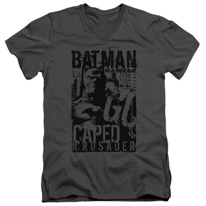 AN OFFCIALLY LICENSED BATMAN CAPED CRUSADER MEN'S V-NECK T-SHIRT CHARCOAL