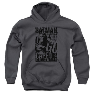 AN OFFCIALLY LICENSED BATMAN CAPED CRUSADER YOUTH HOODIE CHARCOAL