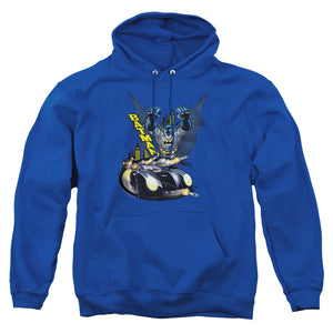 AN OFFCIALLY LICENSED BATMAN BY AIR & BY LAND ADULT UNISEX PULLOVER HOODIE ROYAL