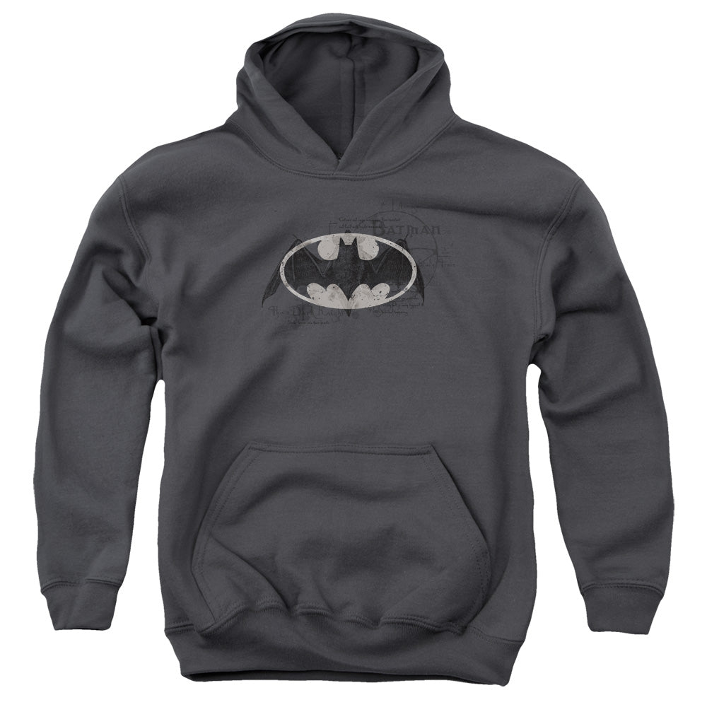 AN OFFCIALLY LICENSED BATMAN ARCANE BAT LOGO YOUTH HOODIE CHARCOAL