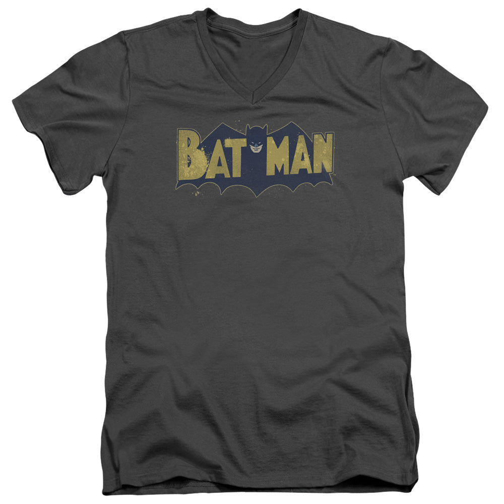 AN OFFCIALLY LICENSED BATMAN VINTAGE LOGO SPLATTER MEN'S V-NECK T-SHIRT CHARCOAL