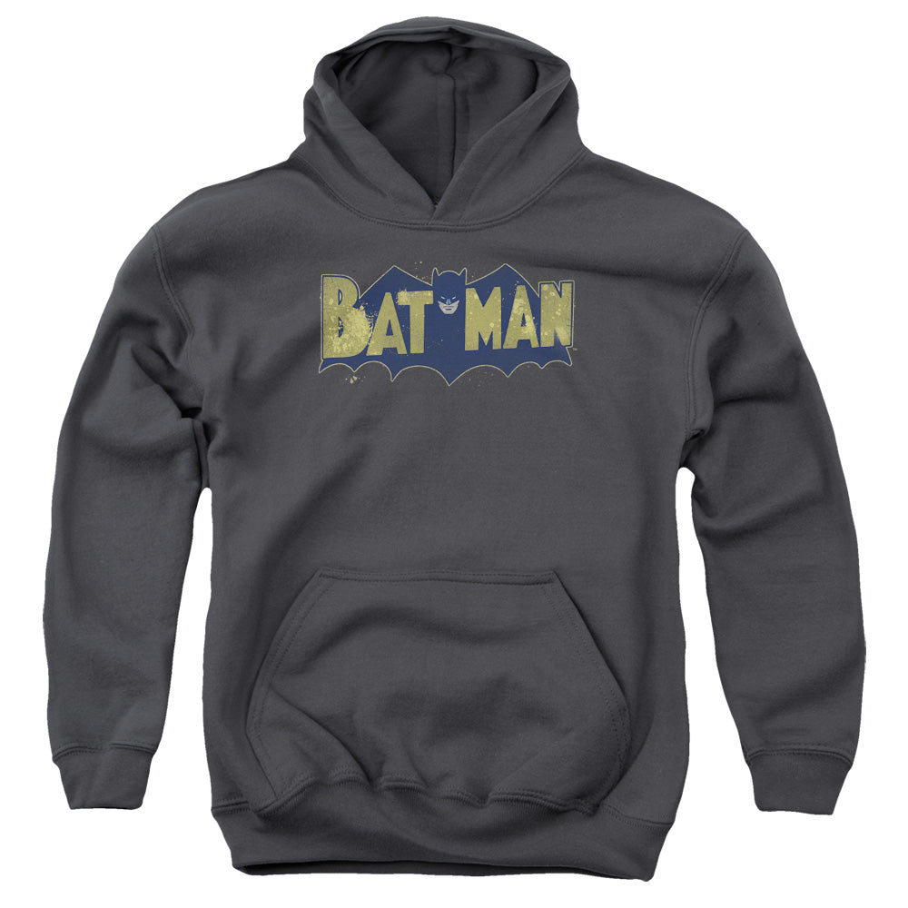 AN OFFCIALLY LICENSED BATMAN VINTAGE LOGO SPLATTER YOUTH HOODIE CHARCOAL