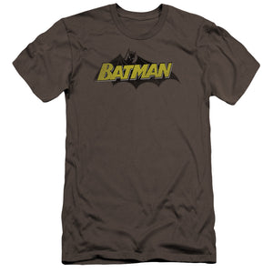 AN OFFCIALLY LICENSED BATMAN CLASSIC COMIC LOGO MEN'S PREMIUM SLIM FIT T-SHIRT CHARCOAL