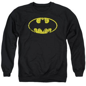 AN OFFCIALLY LICENSED BATMAN CLASSIC LOGO DISTRESSED ADULT UNISEX CREWNECK SWEATSHIRT BLACK